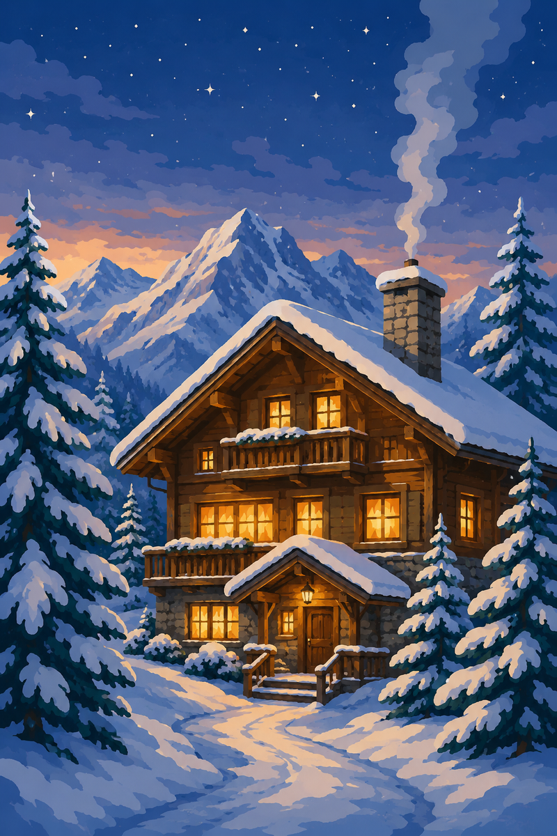 Chalet sous la Neige — kit peinture par numéros Mozzou