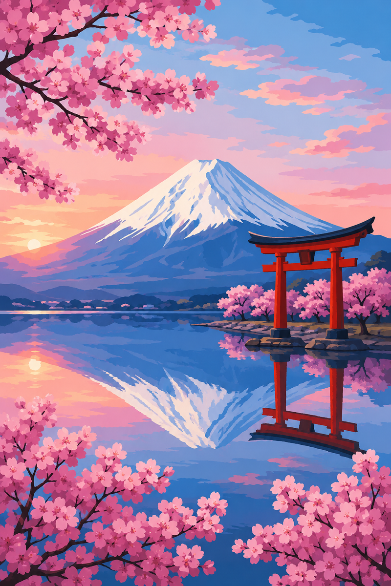 Mont Fuji et Cerisiers — kit peinture par numéros Mozzou